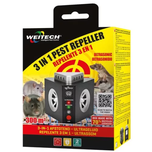 Weitech ultrahangos beltéri rágcsáló riasztó 300m2, 3 in 1, (egér, nyest, pele)